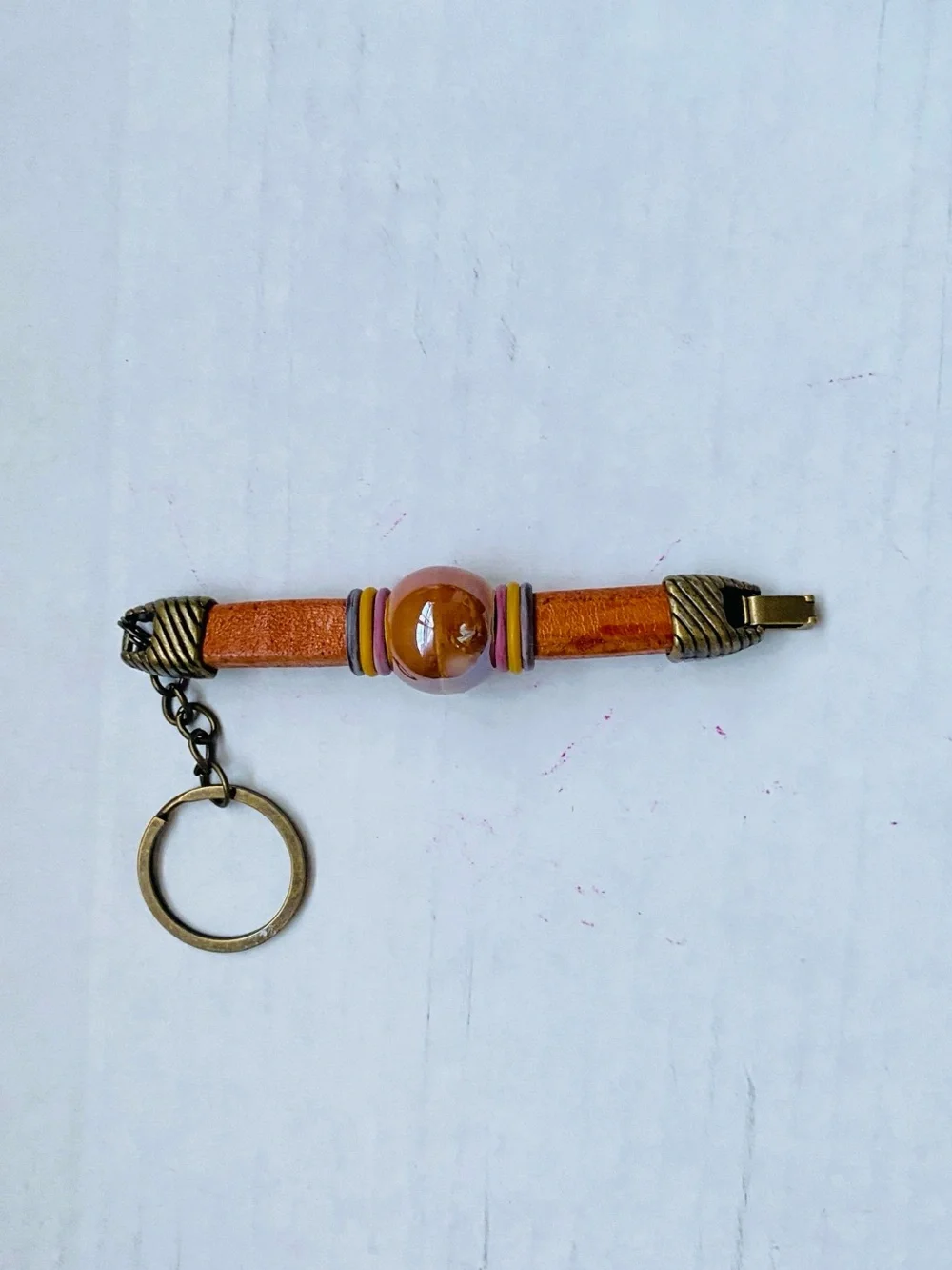 Brown Leather Key Ring, Holder with Decorative Bead